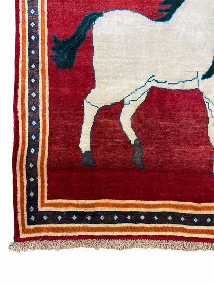 Handmade Hand-Knotted Wool Rug With Horses Motif Vintage White And Red 3.5 x 6