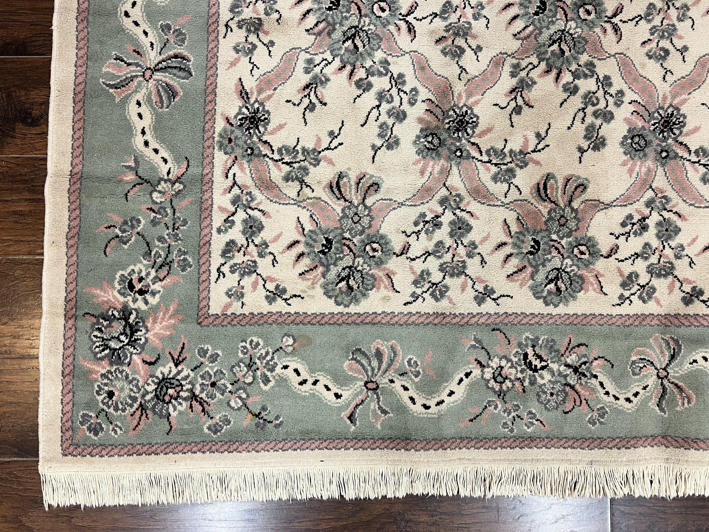 Power Loomed Wool Rug 8x11 Ivory Green Floral Belgium Crafted