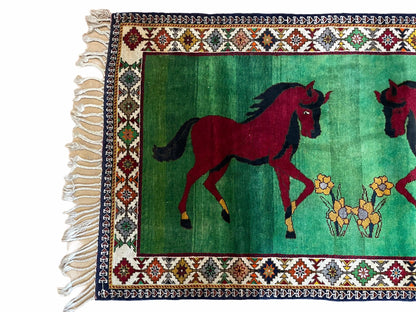 Handmade Wool Pictorial Horses Rug 4x7 Green Butterfly Colorful