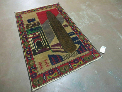 Afghan Balouch Pictorial Wool Rug Handmade Vintage Tribal 33 By 51 Inches