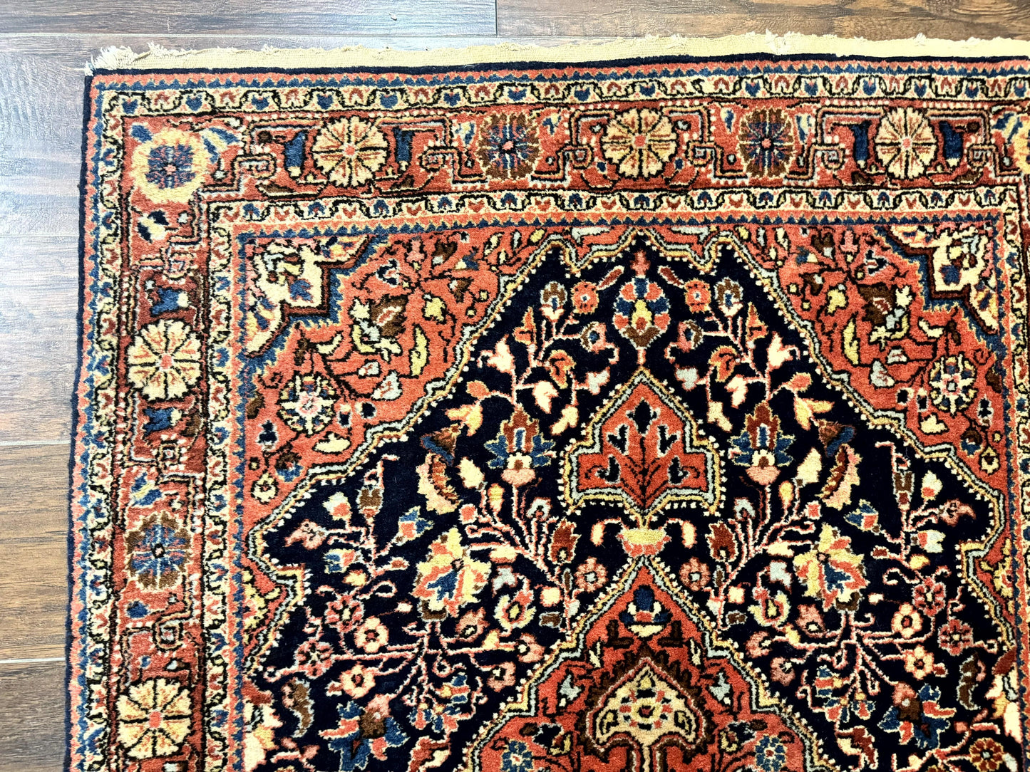 Persian Sarouk Rug 3.6 x 5, Medallion Rug, Red and Midnight Blue, Handmade Semi Antique Vintage Wool Carpet