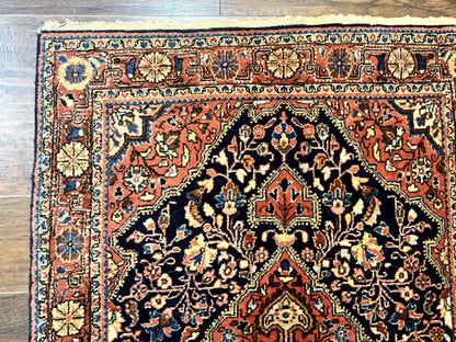 Persian Sarouk Rug 3.6 x 5, Medallion Rug, Red and Midnight Blue, Handmade Semi Antique Vintage Wool Carpet