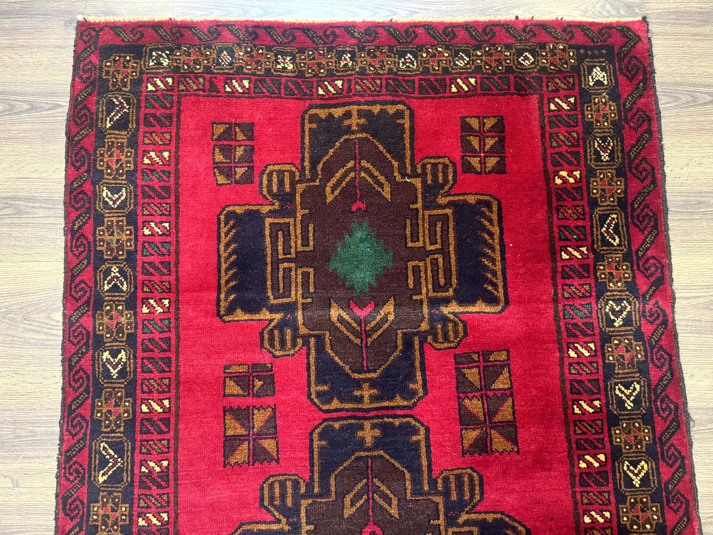 Afghan Balouch Rug Red 4x7 Handmade Wool Area Carpet Triple Medallions