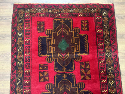 Afghan Balouch Rug Red 4x7 Handmade Wool Area Carpet Triple Medallions