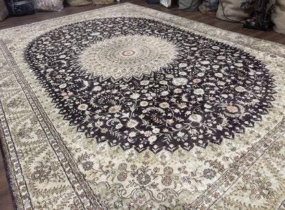 Indian Kashmiri Silk Rug 10x14, Floral Medallion