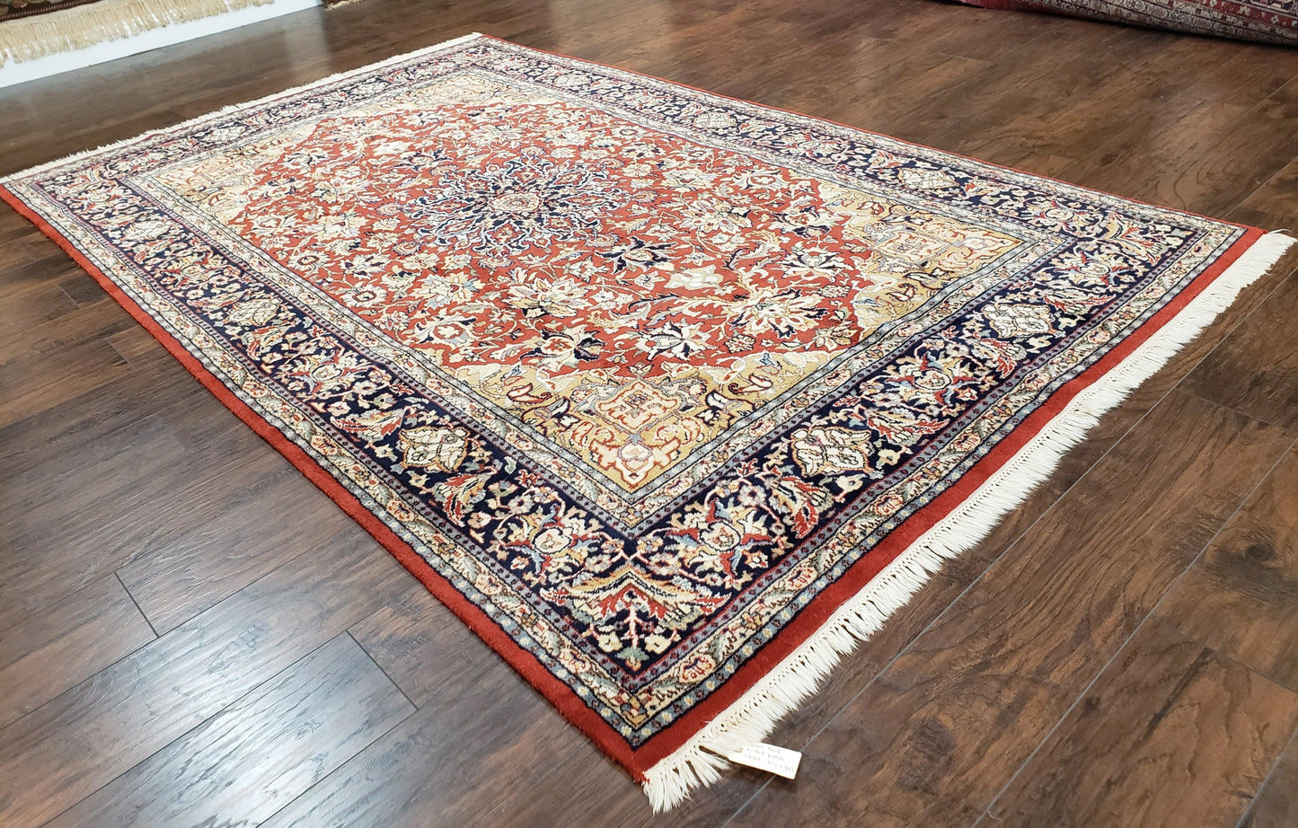 Vintage Indo Persian Oriental Rug 6 x 9.6, Wool Hand-Knotted Red Dark Blue & Gold Indian Carpet, 6 x 9 Office Room Rug, Floral Medallion