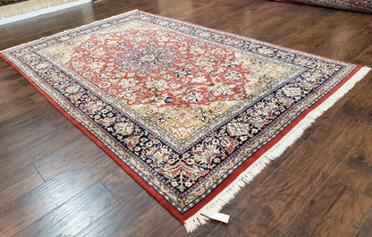 Vintage Indo Persian Oriental Rug 6 x 9.6, Wool Hand-Knotted Red Dark Blue & Gold Indian Carpet, 6 x 9 Office Room Rug, Floral Medallion