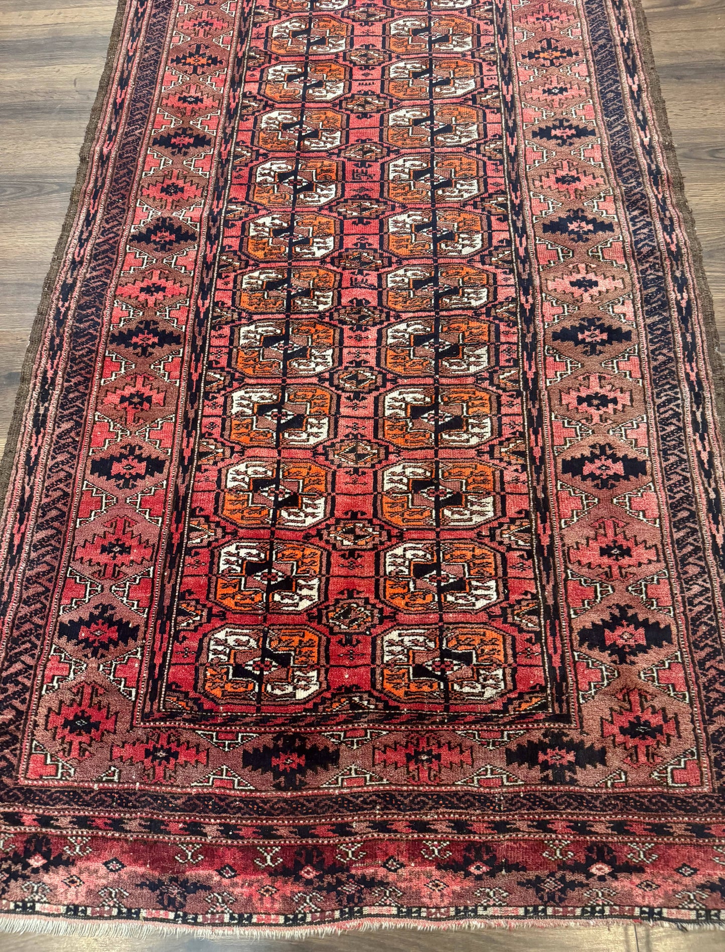 Antique Turkoman Rug 3.7 x 6.7, Red, Wool Runner Rug