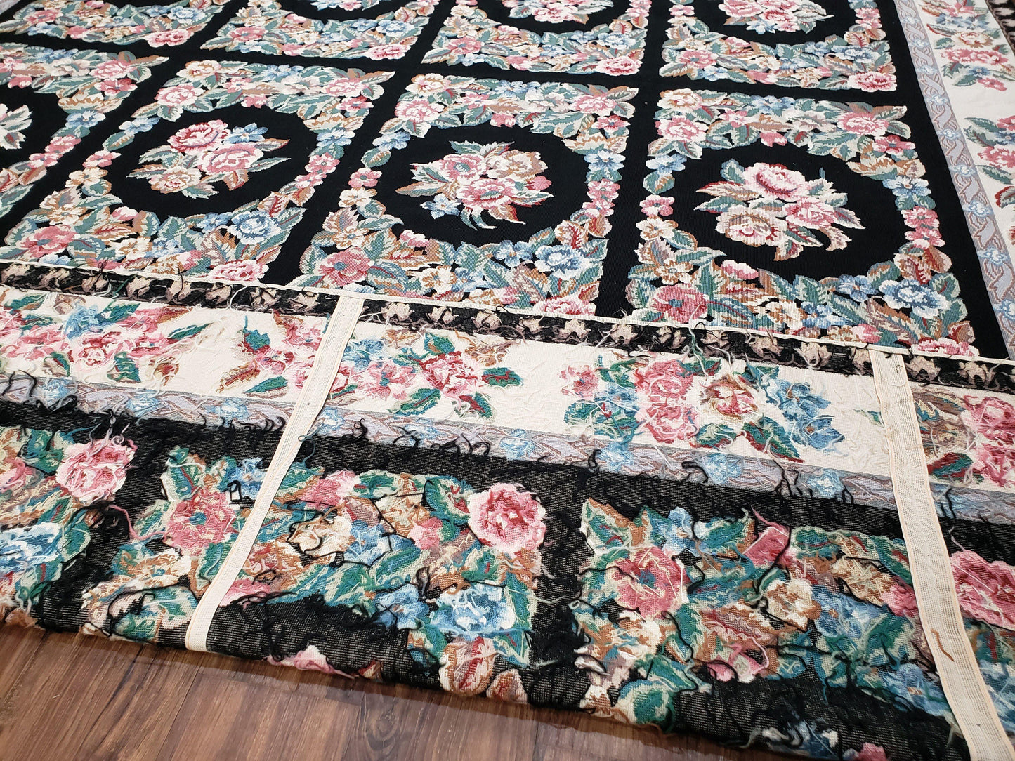 Floral Needlepoint Rug 9.5 x 13.6, Floral Panel Design, Black and Ivory Flatweave Aubusson Carpet, Multicolor