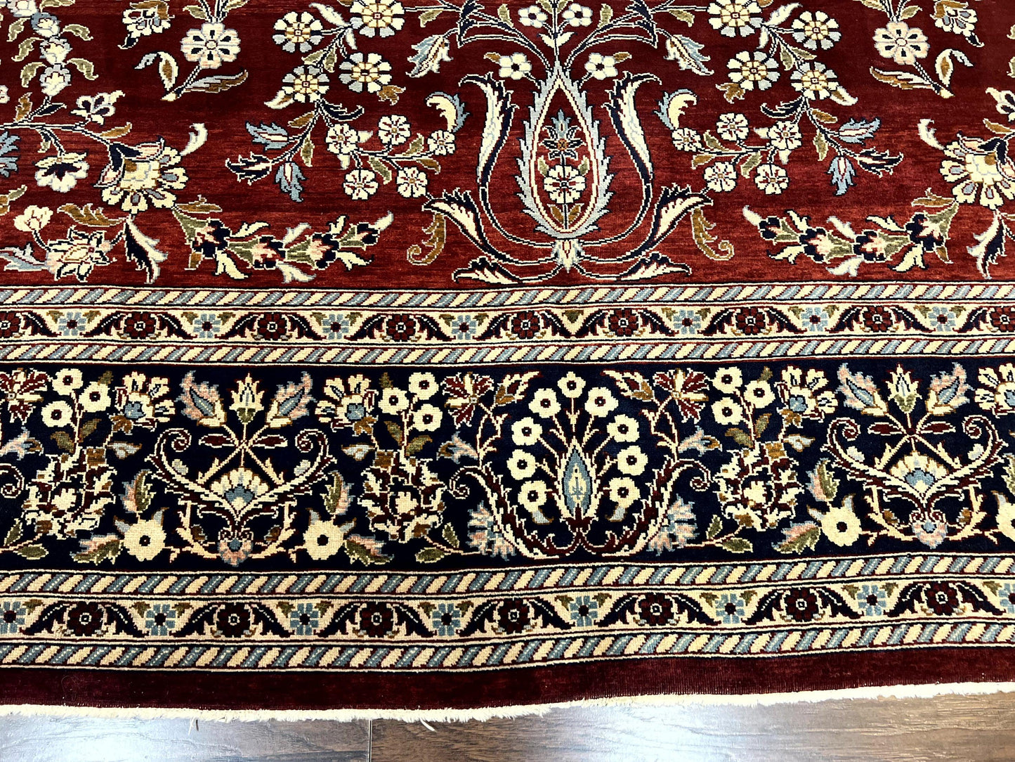 Indo Persian Sarouk Rug 9x12, Floral Allover, Dark Red & Navy Blue, Handmade Vintage Wool Carpet