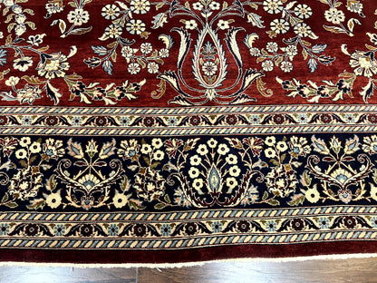 Indo Persian Sarouk Rug 9x12, Floral Allover, Dark Red & Navy Blue, Handmade Vintage Wool Carpet