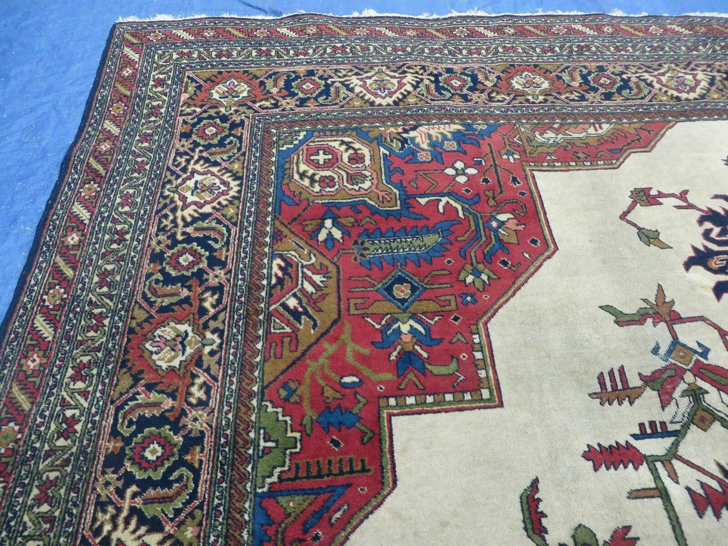 Persian Tabriz Rug 10x13 Oriental Carpet, Ivory Open Field, Geometric Medallion, Red Blue, Hand Knotted, Large Wool Area Rug Vintage Antique 1950s