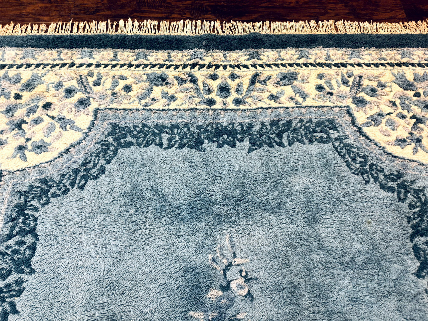 Indo Chinese Aubusson Rug 6x9 Handmade Vintage Wool Carpet Light Blue And Ivory