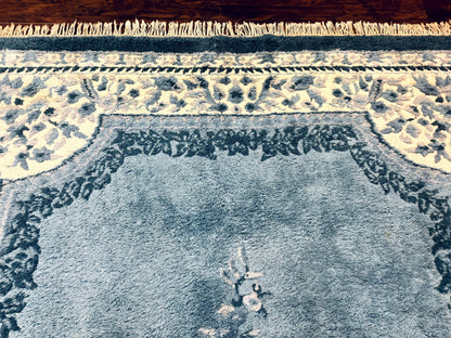 Indo Chinese Aubusson Rug 6x9 Handmade Vintage Wool Carpet Light Blue And Ivory