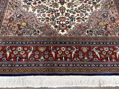 Sino Persian Rug Hand Knotted 7x10 Circle Of Life Tree Of Life Birds Cream Red Navy Blue Taupe Wool Silk Accents Vintage