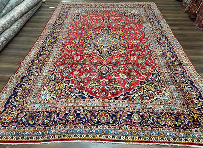 Persian Kashan Rug 9x12 Handmade Wool Oriental Carpet With Floral Medallion And Corner Design