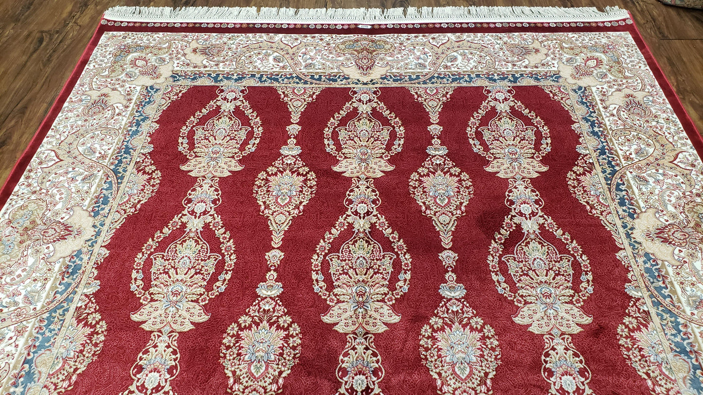 Dark Red Silk Carpet 5.3 x 7.6 ft, 5x8 Silk Rug, New Turkish Silk Carpet, Mint Condition, Beige & Red Area Rug, Bamboo Silk, High Quality