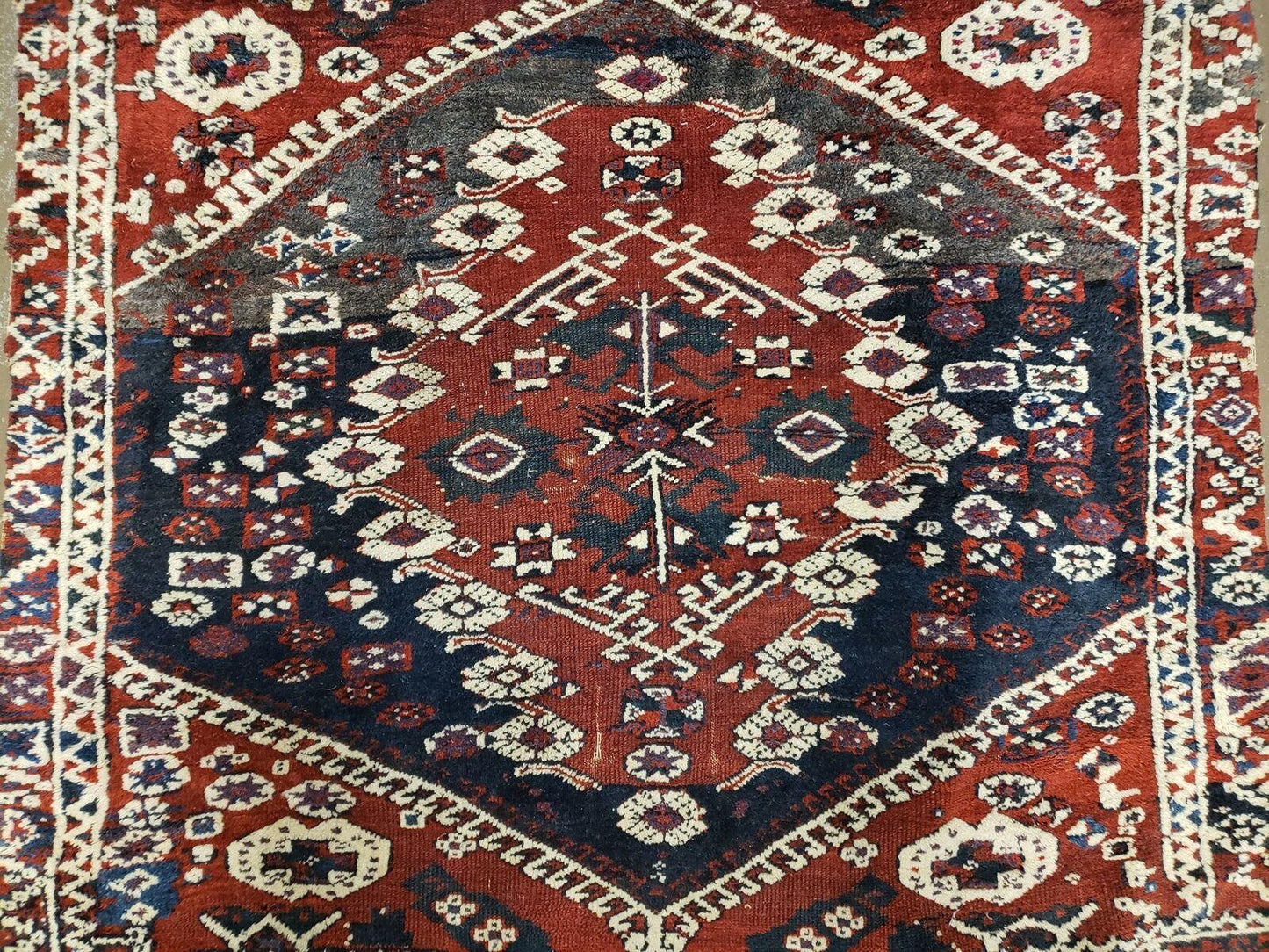 Antique Turkish Rug Bergama Wool Handmade With Vegetable Dyes Medallion Pattern 47 By 52 Inches