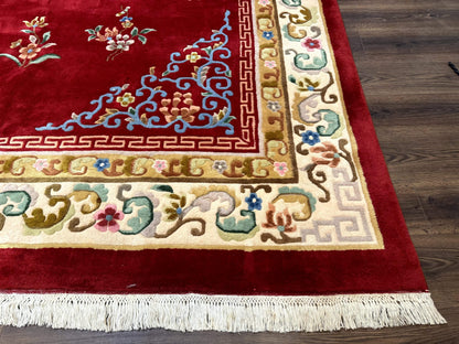 Indo Chinese Wool Rug 9x12, Red Art Deco Carpet, Vintage