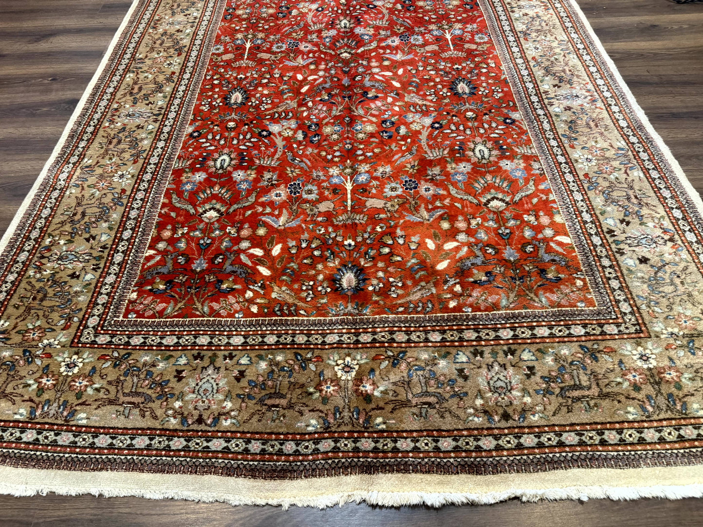 Persian Tabriz Rug 6x10, Burnt Orange and Tan, Animal Pictorials, Deer, Floral, Taba Tabae Carpet