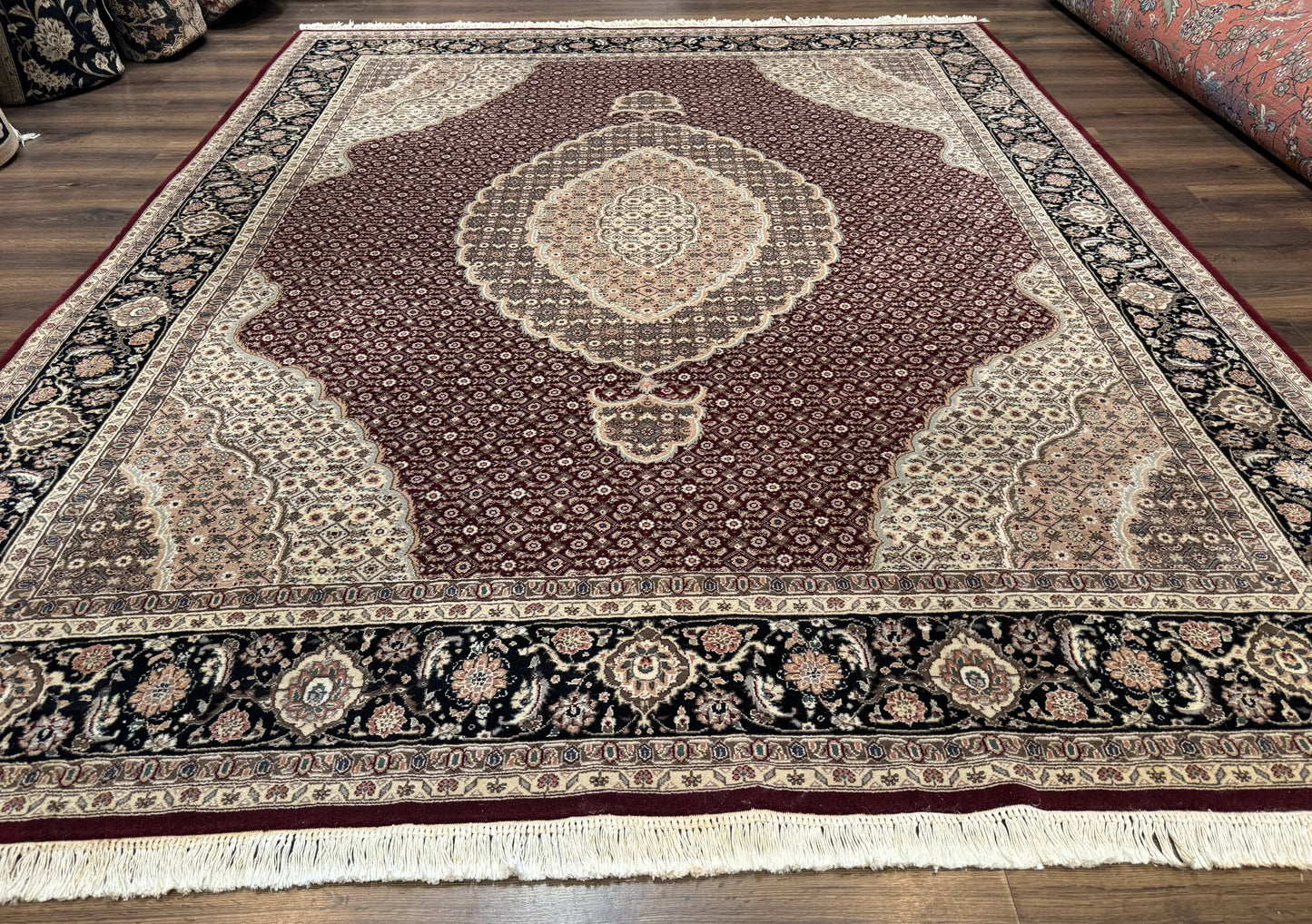 Sino Persian Rug 8x10 Herati Pattern Elegant Oriental Carpet Dark Maroon Handmade Wool