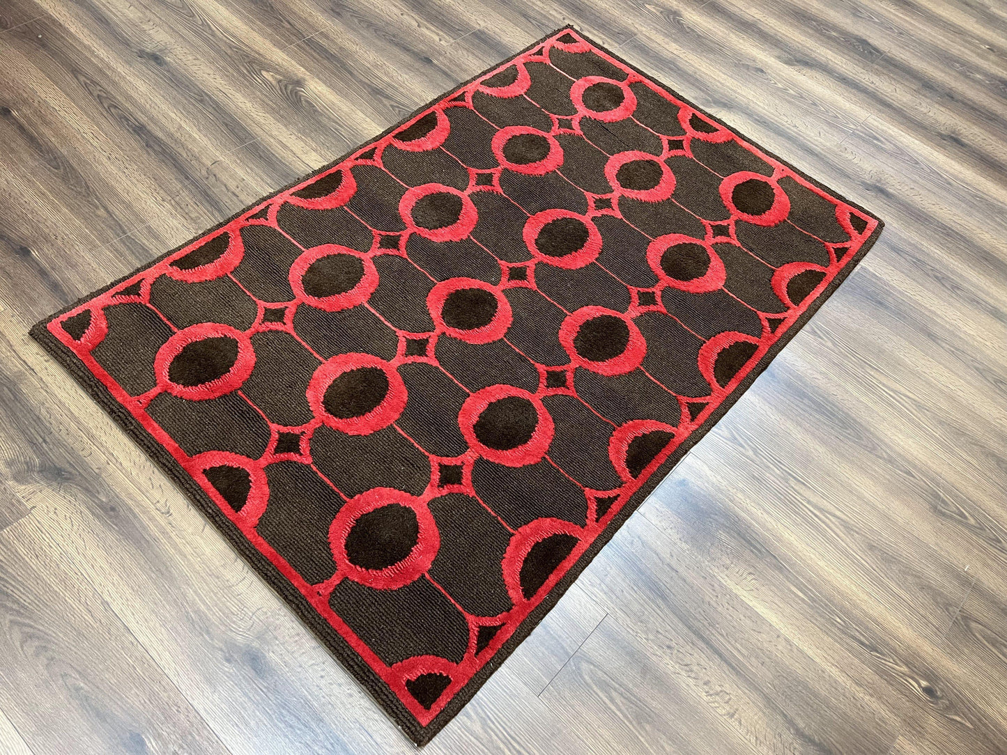 Modern Tibetan Rug 3.8 x 5.7, Raspberry Red and Dark Brown, Abstract Circle Design, Hand Knotted, Soft Wool Handmade Tibet Nepali Carpet 4x6