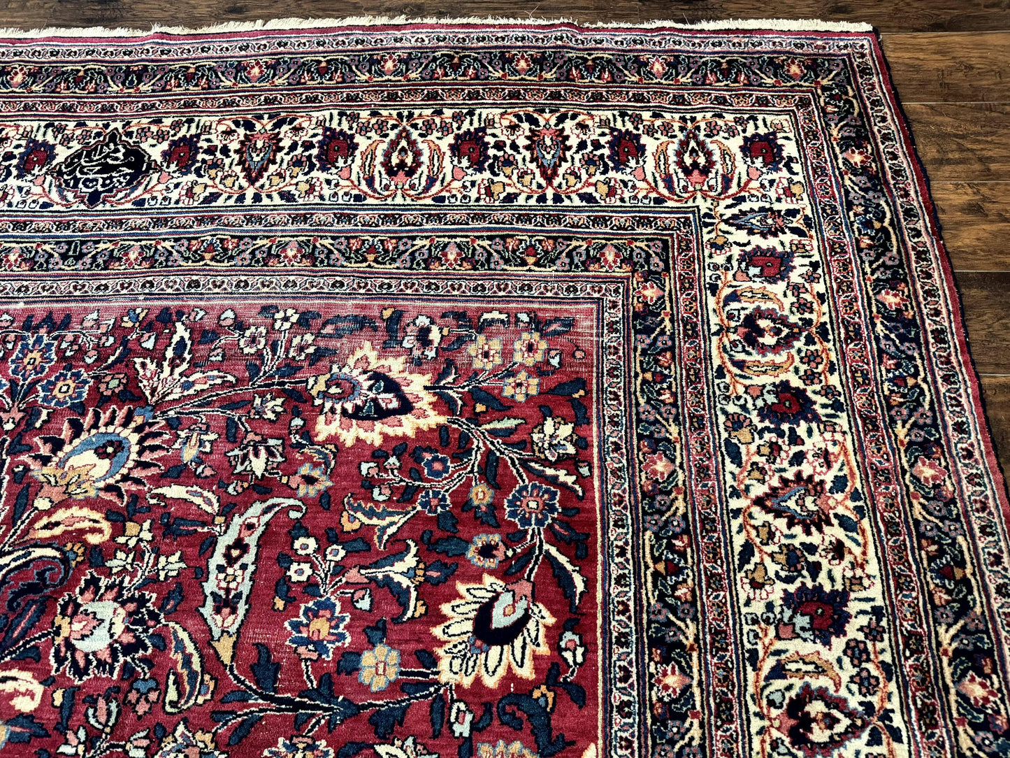 Antique Persian Mashad Rug 10x12 Hand Knotted Signed By Master Weaver Red Ivory Wool