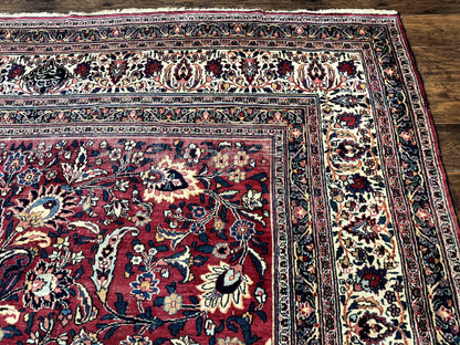 Antique Persian Mashad Rug 10x12 Hand Knotted Signed By Master Weaver Red Ivory Wool