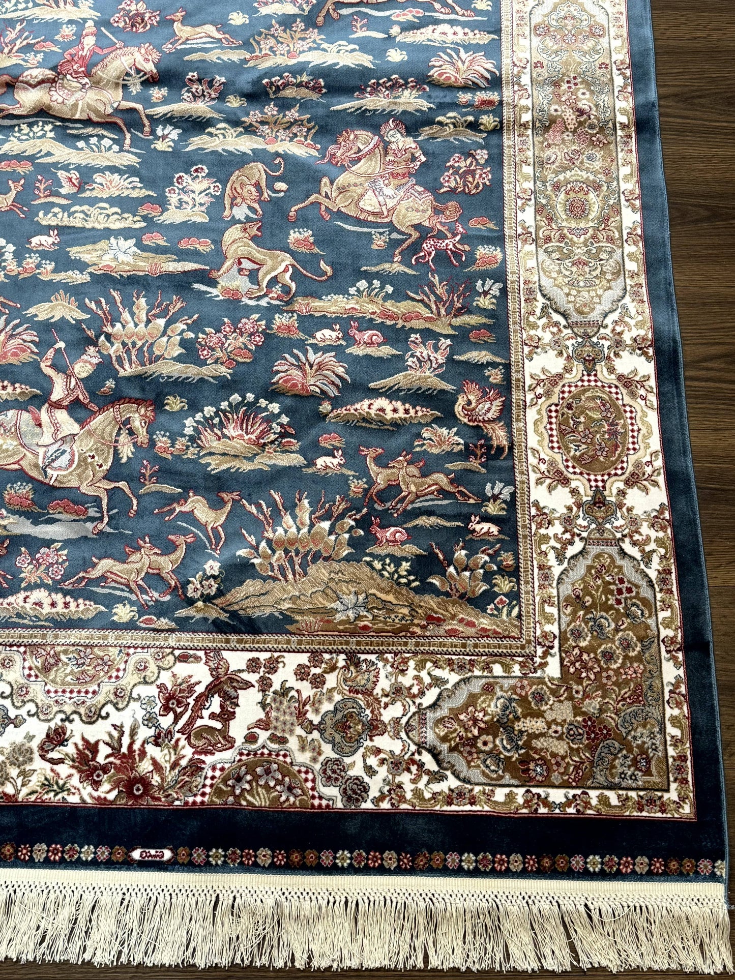 Turkish Silk Hunting Design Rug 4x6 in Dark Steel Blue and Ivory, Bamboo Silk