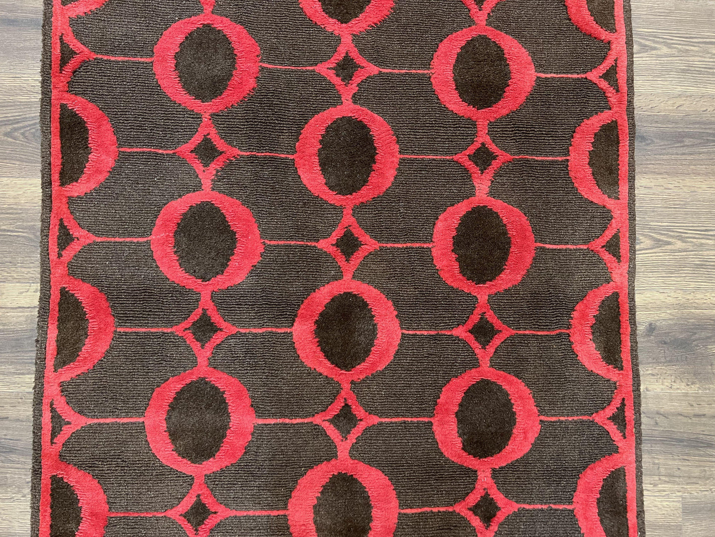 Modern Tibetan Rug 3.8 x 5.7, Raspberry Red and Dark Brown, Abstract Circle Design, Hand Knotted, Soft Wool Handmade Tibet Nepali Carpet 4x6