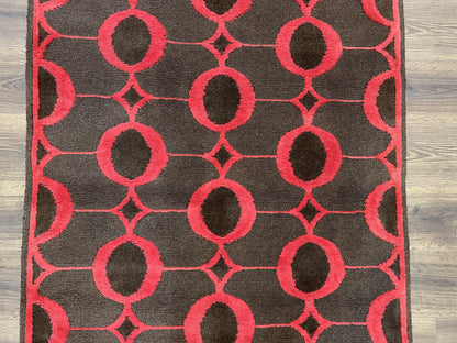 Modern Tibetan Rug 3.8 x 5.7, Raspberry Red and Dark Brown, Abstract Circle Design, Hand Knotted, Soft Wool Handmade Tibet Nepali Carpet 4x6