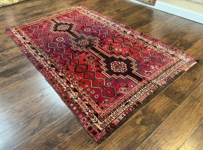 Persian Tribal Shiraz Rug 5x8, Geometric, Raspberry Red and Charcoal, Antique Persian Carpet