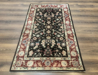 Black Sino Persian Rug 3x5, Wool with Silk Highlights, Floral, Fine 170 KPSI