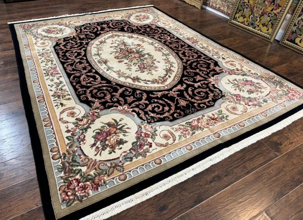Aubusson Rug 8x10 Handmade Wool Pile Floral European Design