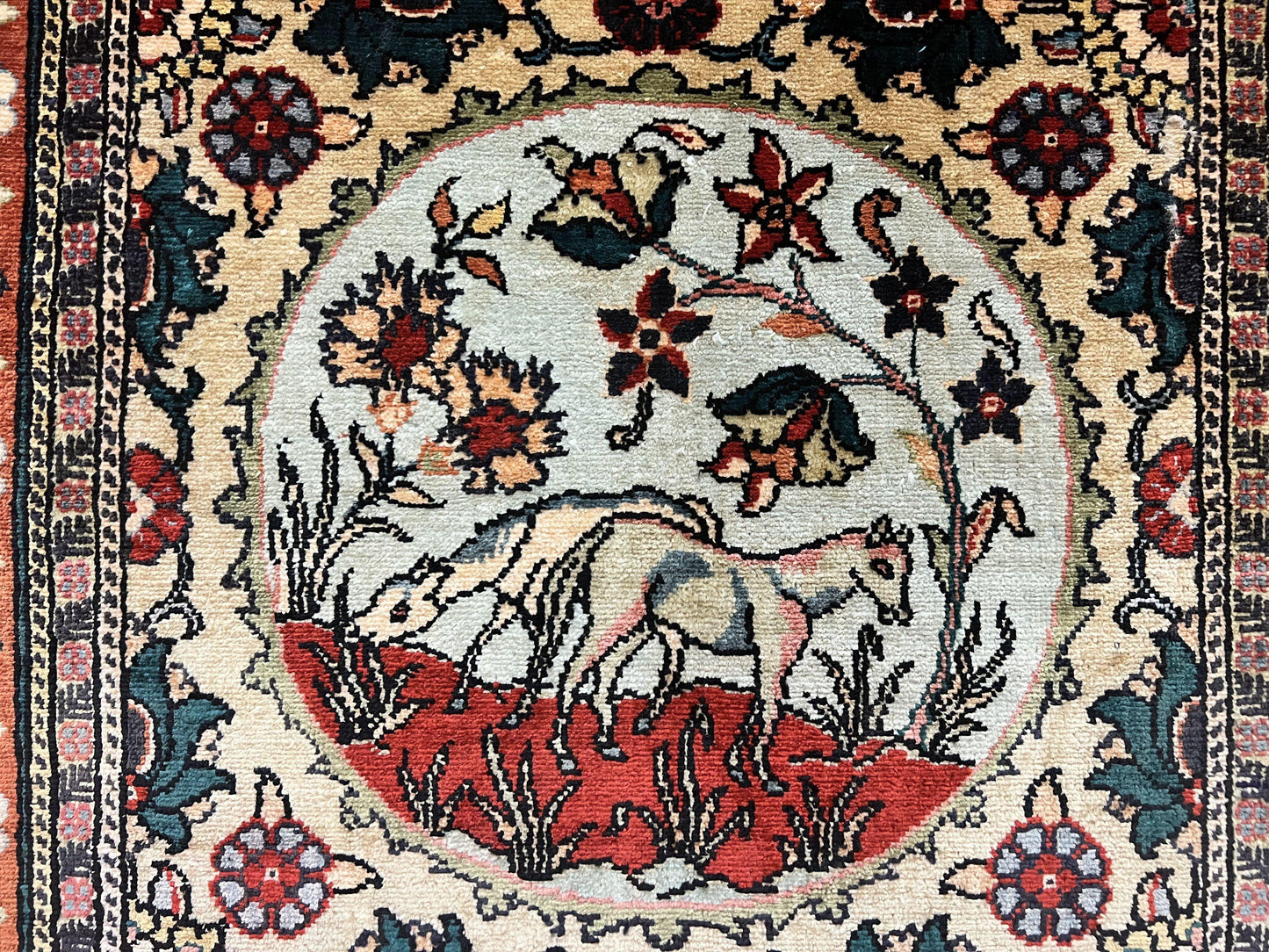 Silk Turkish Rug 2x4, Fine Handmade Oriental Rug, Animal Pictorial Birds Silk Pile on Silk Foundation Vintage Hand Knotted Hereke Carpet