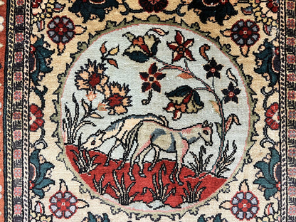 Silk Turkish Rug 2x4, Fine Handmade Oriental Rug, Animal Pictorial Birds Silk Pile on Silk Foundation Vintage Hand Knotted Hereke Carpet