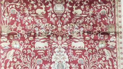 Silk Carpet 4x6 Dark Red & Cream, Tree of Life Rug, Animal Motifs, Birds Deer Rabbits, All Bamboo Silk, 4 x 6 Silk Area Rug