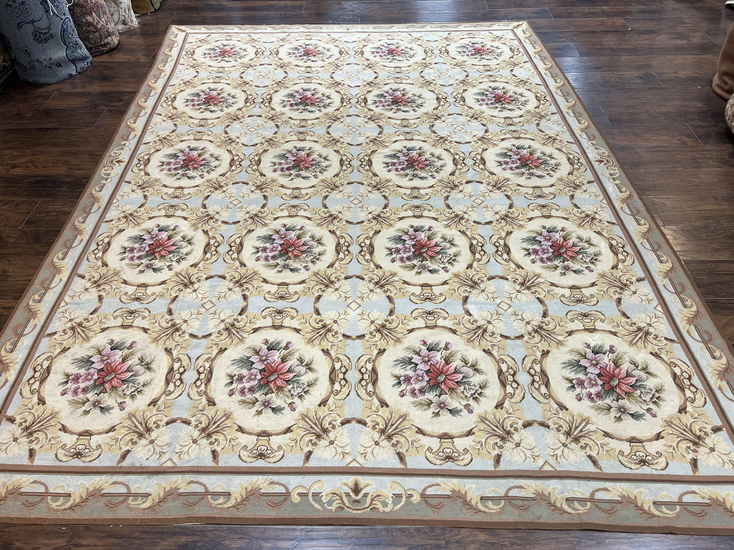 Needlepoint Wool Rug 8x11 Vintage Sky Blue Handmade Carpet