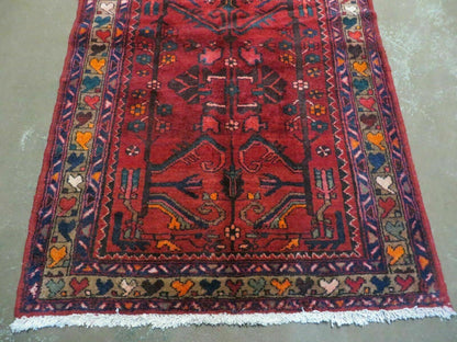 Antique Persian Hamadan Runner 3.4 x 9.7 -  Wool, Red and Navy Blue