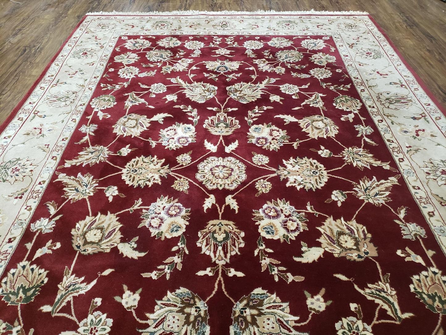 Vintage Traditional Oriental Area Rug, Hand-Knotted, Wool & Silk Accents, Maroon Red and Beige, 6x9 Carpet, 5' 9" x 9'