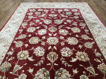Vintage Traditional Oriental Area Rug, Hand-Knotted, Wool & Silk Accents, Maroon Red and Beige, 6x9 Carpet, 5' 9" x 9'