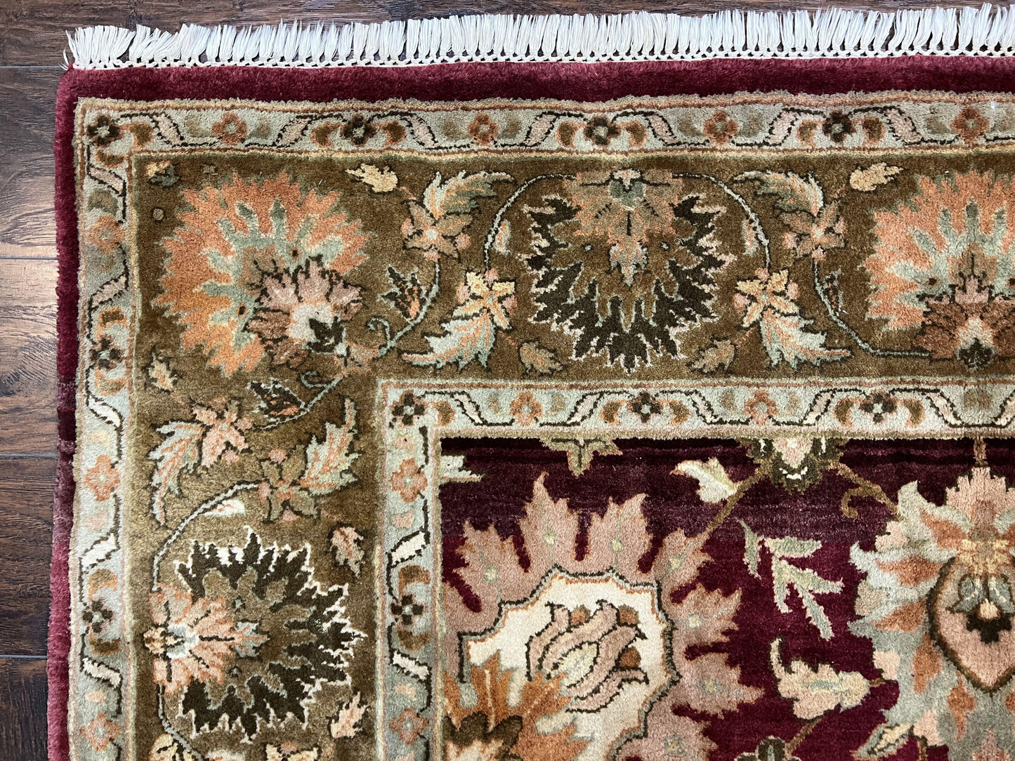 Indo Mahal Rug 6x9, Large Flowers Allover, Maroon and Green, Handmade Wool Area Rug, Vintage Rug, Indian Oriental Carpet, Hand Knotted Rug