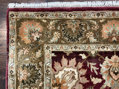 Indo Mahal Rug 6x9, Large Flowers Allover, Maroon and Green, Handmade Wool Area Rug, Vintage Rug, Indian Oriental Carpet, Hand Knotted Rug