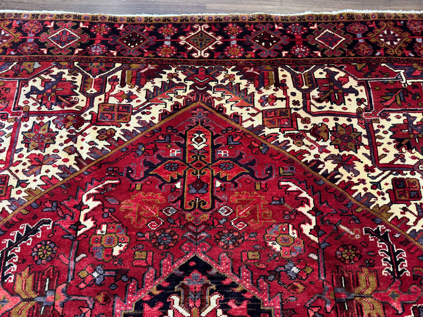 Persian Heriz Rug 8x11, Geometric Design, Red & Cream