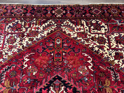 Persian Heriz Rug 8x11, Geometric Design, Red & Cream