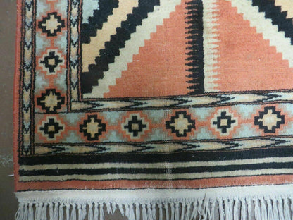 Vintage Turkish Oushak Wool Rug 4x6 Diamond Pattern Handmade Mehrab Red