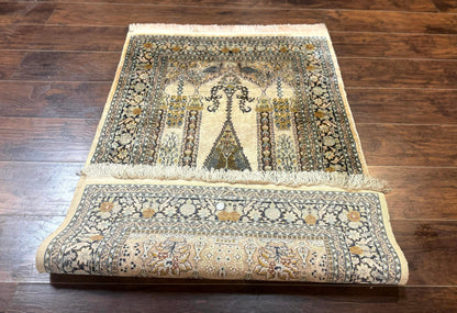 Kashmiri Silk Rug 3x4 Handmade Silk Prayer Rug 400 KPSI Premium Quality