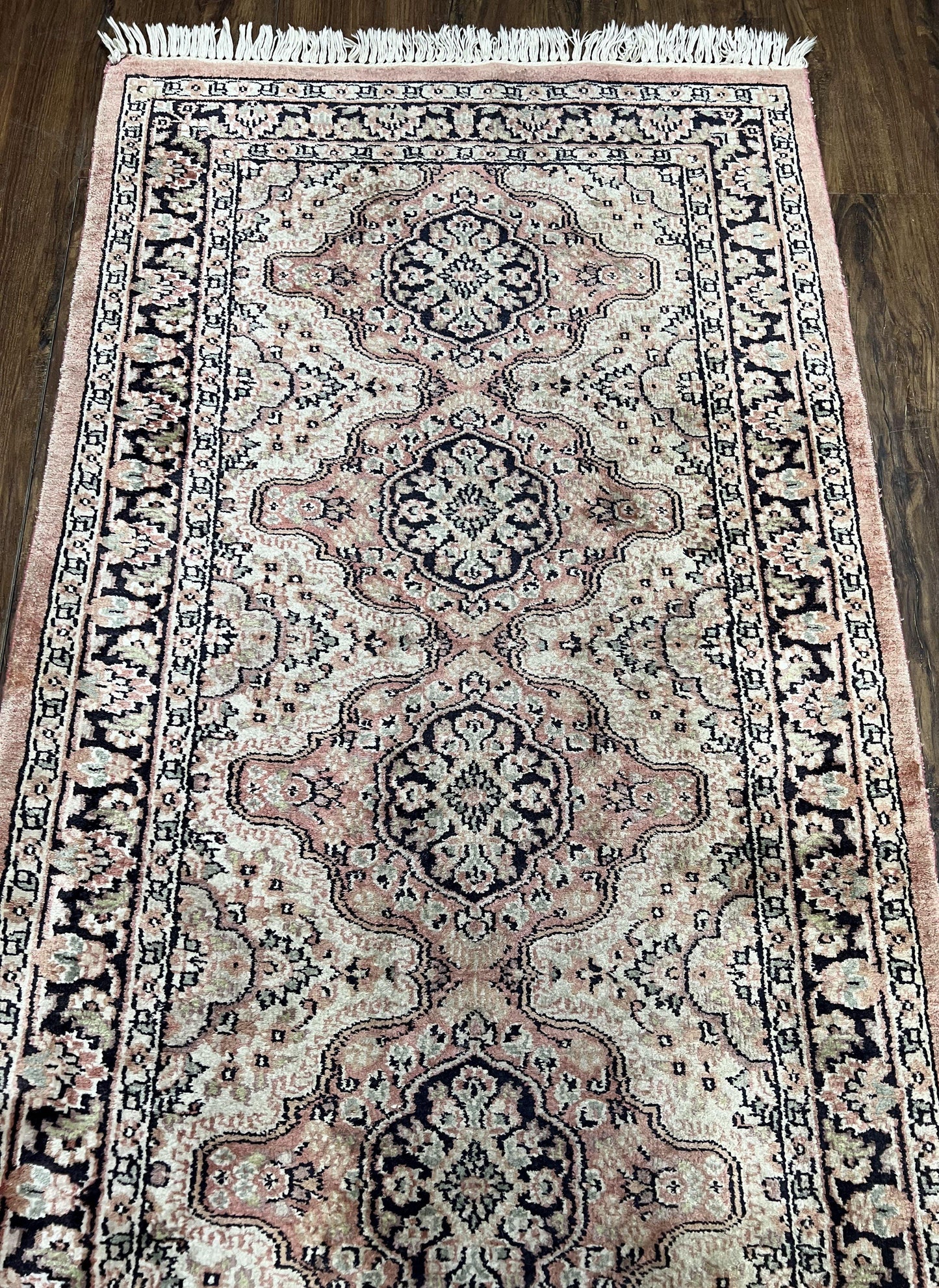 Silk Kashmiri Runner Hand Knotted Vintage Hallway Carpet Ivory Pink Medallion