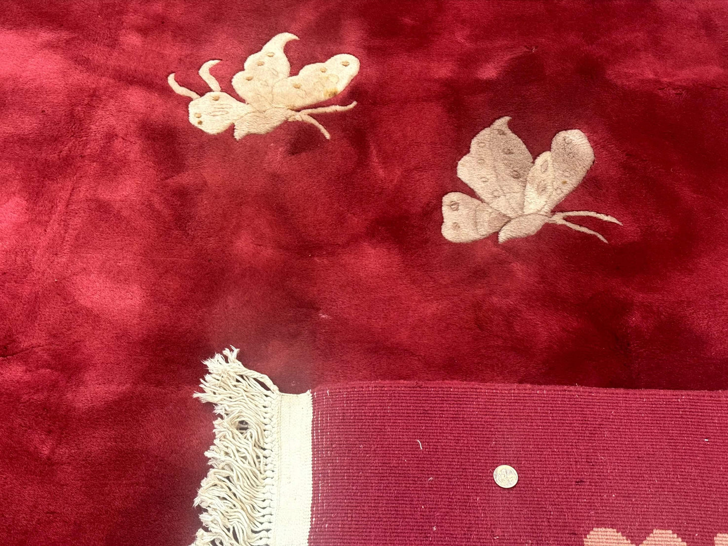 Chinese Wool Rug 12x18 Palace Size Vintage Hand Knotted Red With Butterflies And Flowers