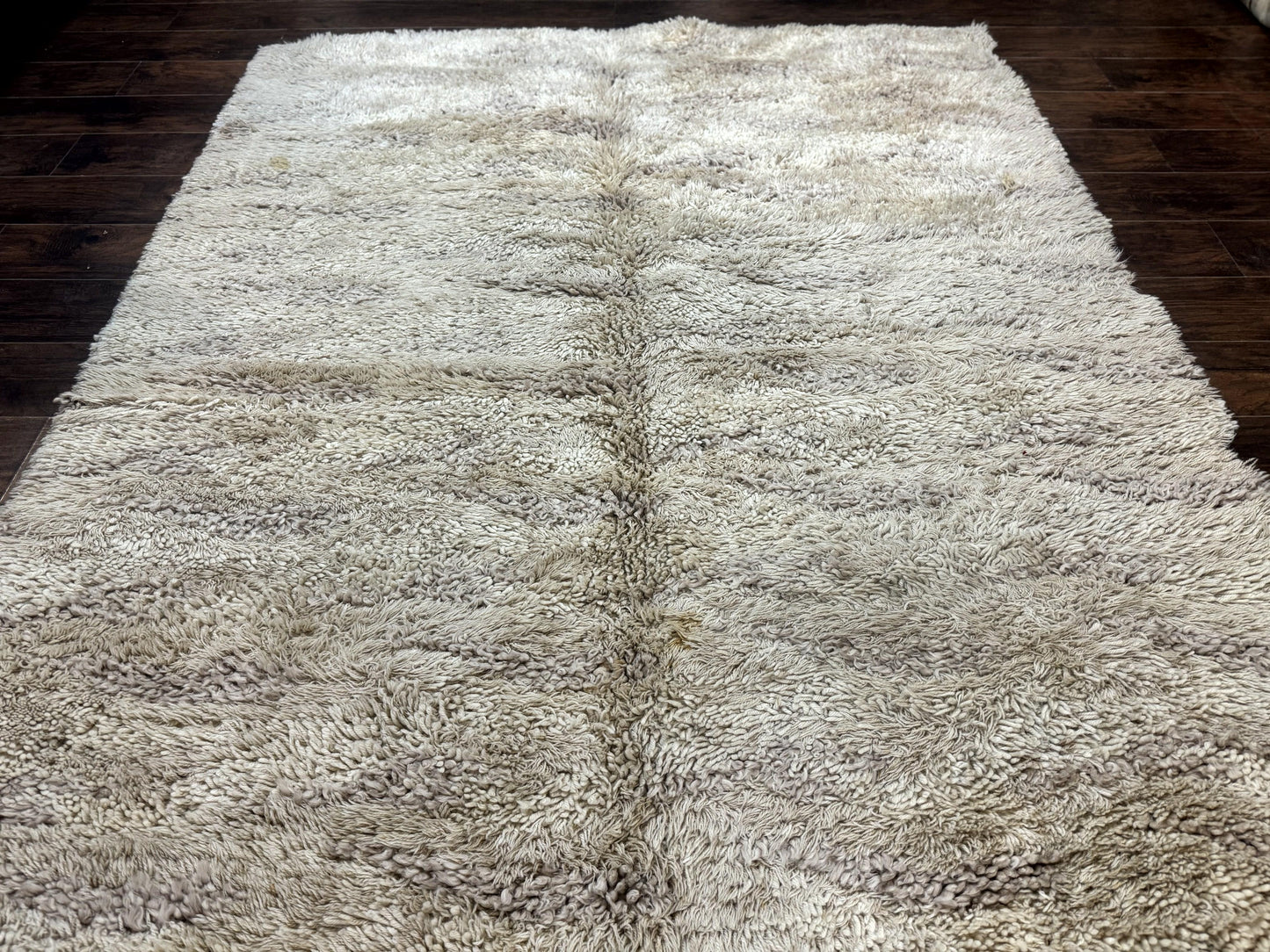 European Rya Shag Rug 6.6 x 9.7 Beige Fluffy Vintage Area Rug